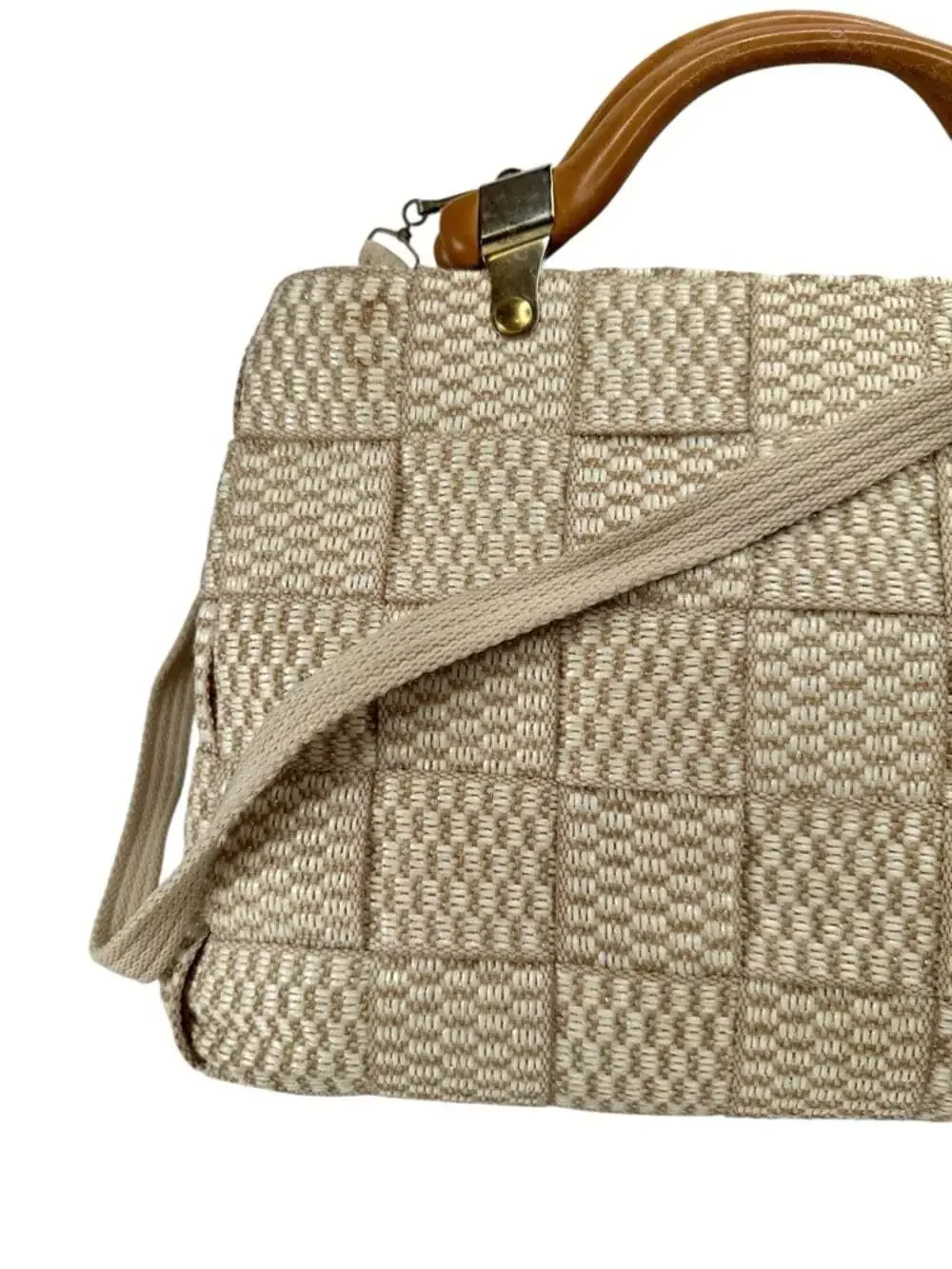 Alma Tunutti Woven Satchel Beige Top Handle Crossbody Wooden Handle Bag